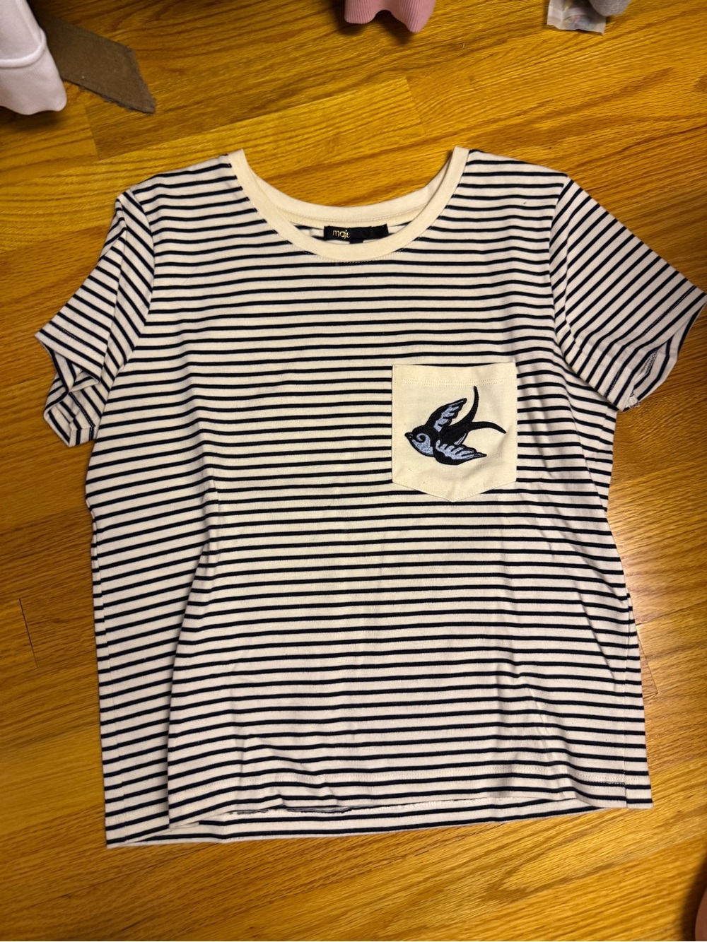 Make women Striped Pocket Tee with Bird Patch - Navy & White